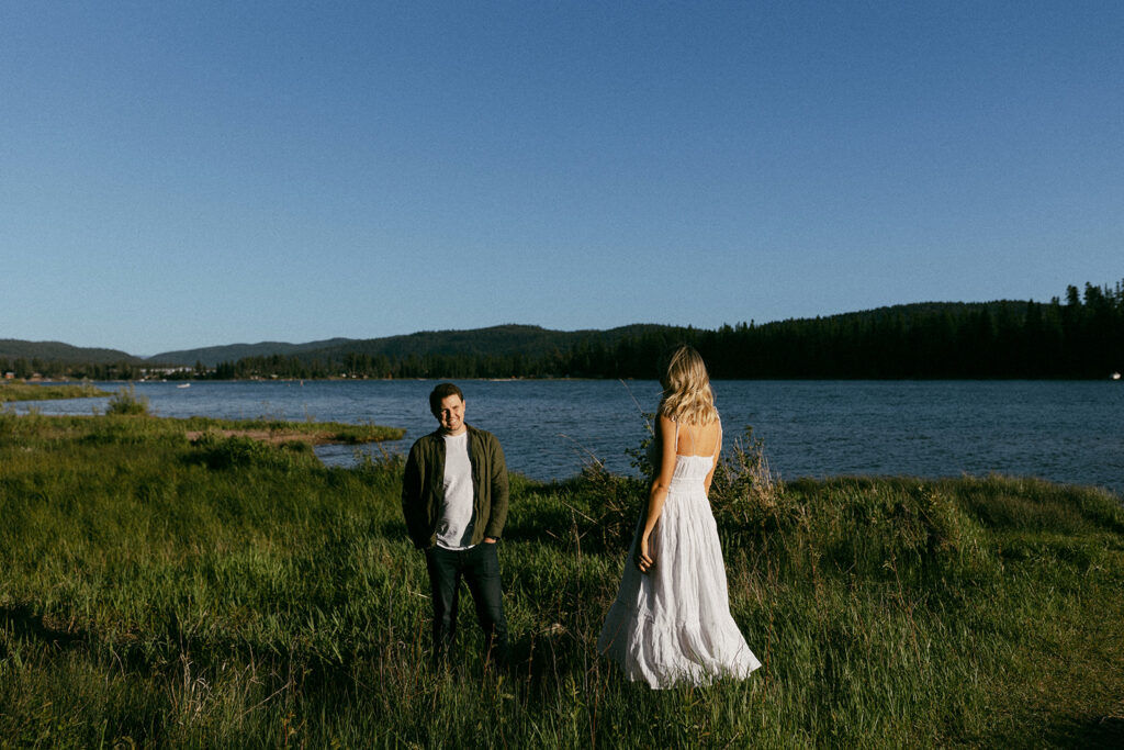 Montana engagement session photos at Seeley Lake during golden hour sunset