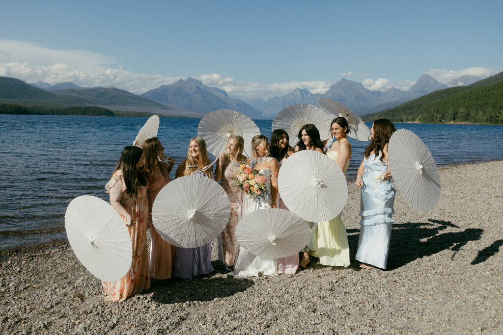 Bride and bridesmaids eloping in glacier national park