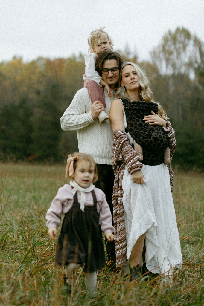Boho, laid back family photos in an open field in Atlanta Georgia