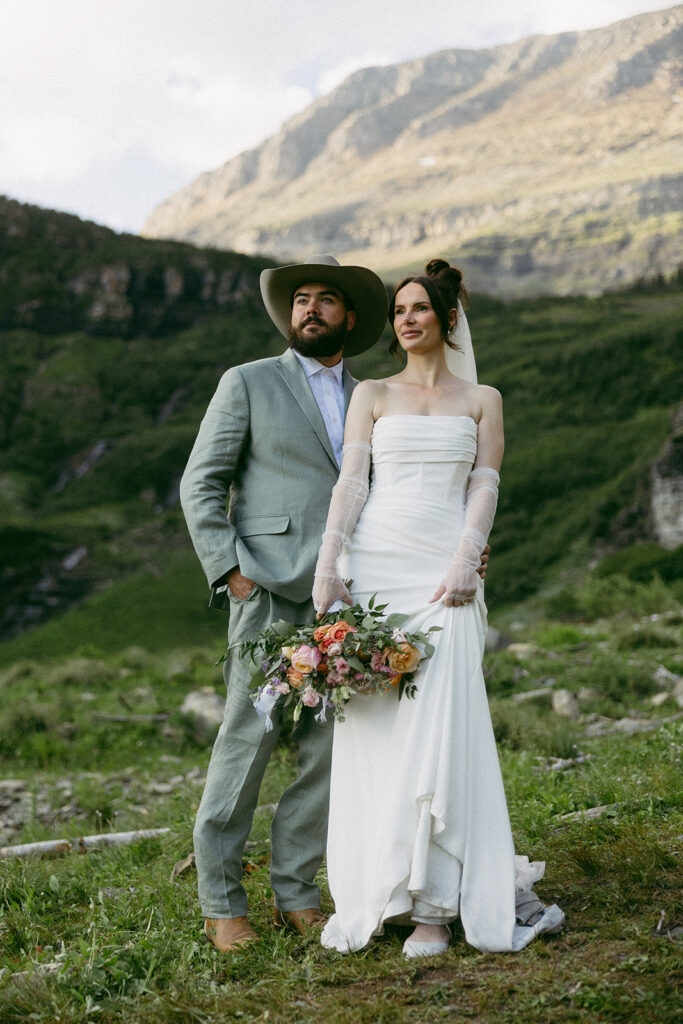 Bride and groom getting married at Big Bend in Glacier National Park