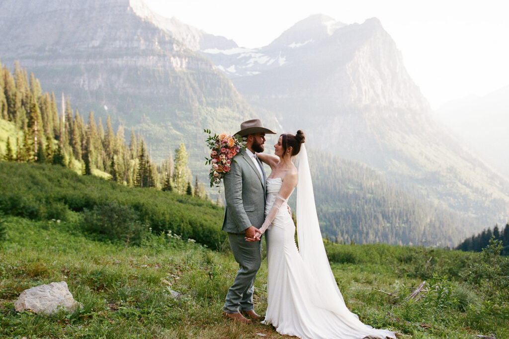 Bride and groom getting married at Big Bend in Glacier National Park