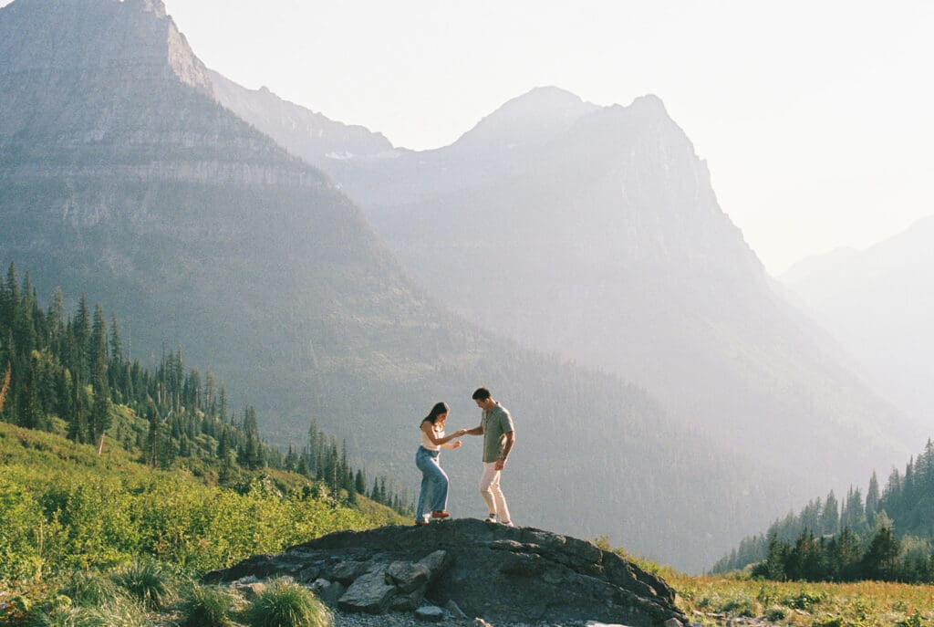 Golden hour engagement photos at Big Bend in Glacier National Park