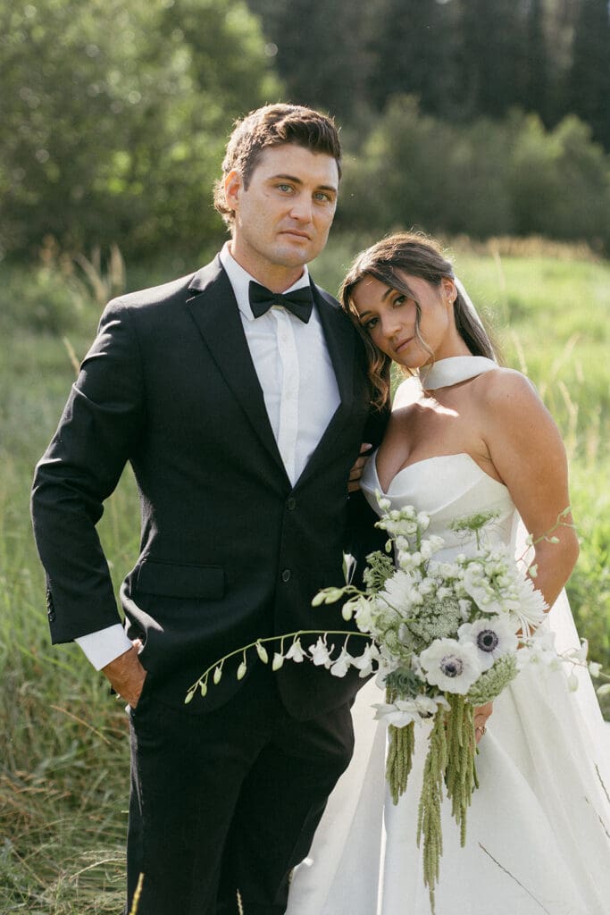 Bride and Groom at their elevated Dog Creek Lodge Wedding in Montana