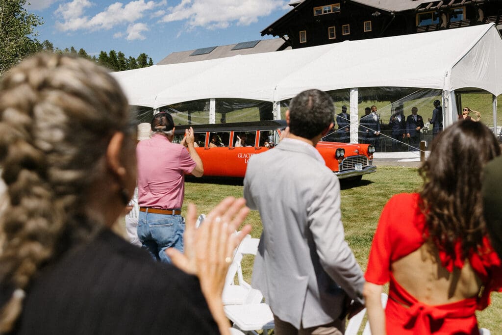 Red Car Glacier National Park Bride arrival